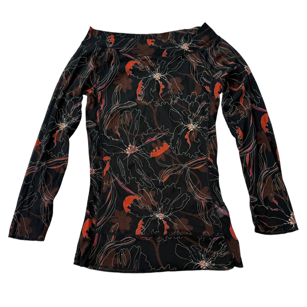 The Limited Y2K Micro Mesh Floral Long Sleeve Sheer Hibiscus Top Small Black